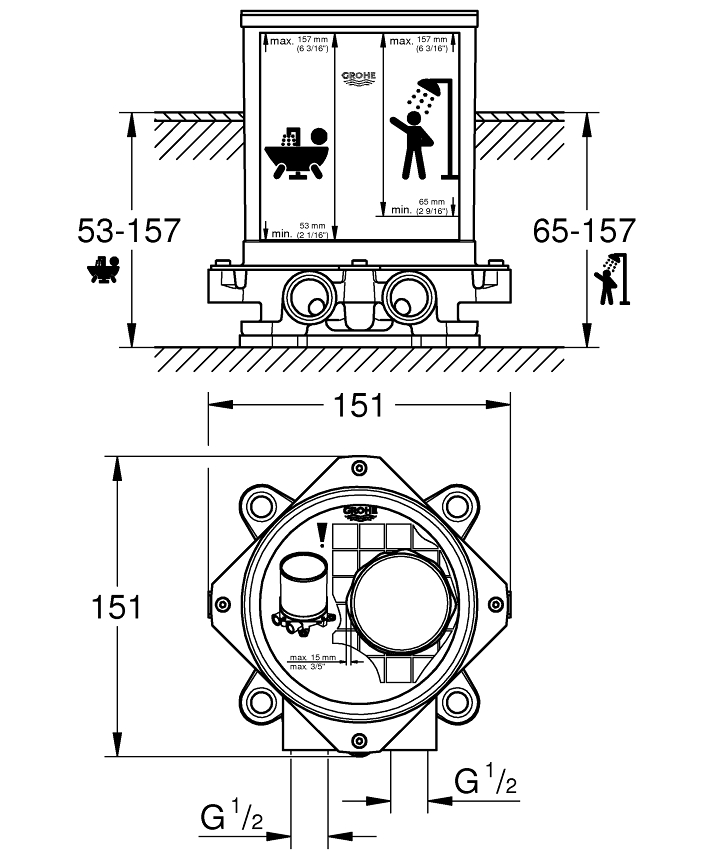 Concealed body Multi-hole Rohbauset, 1/2