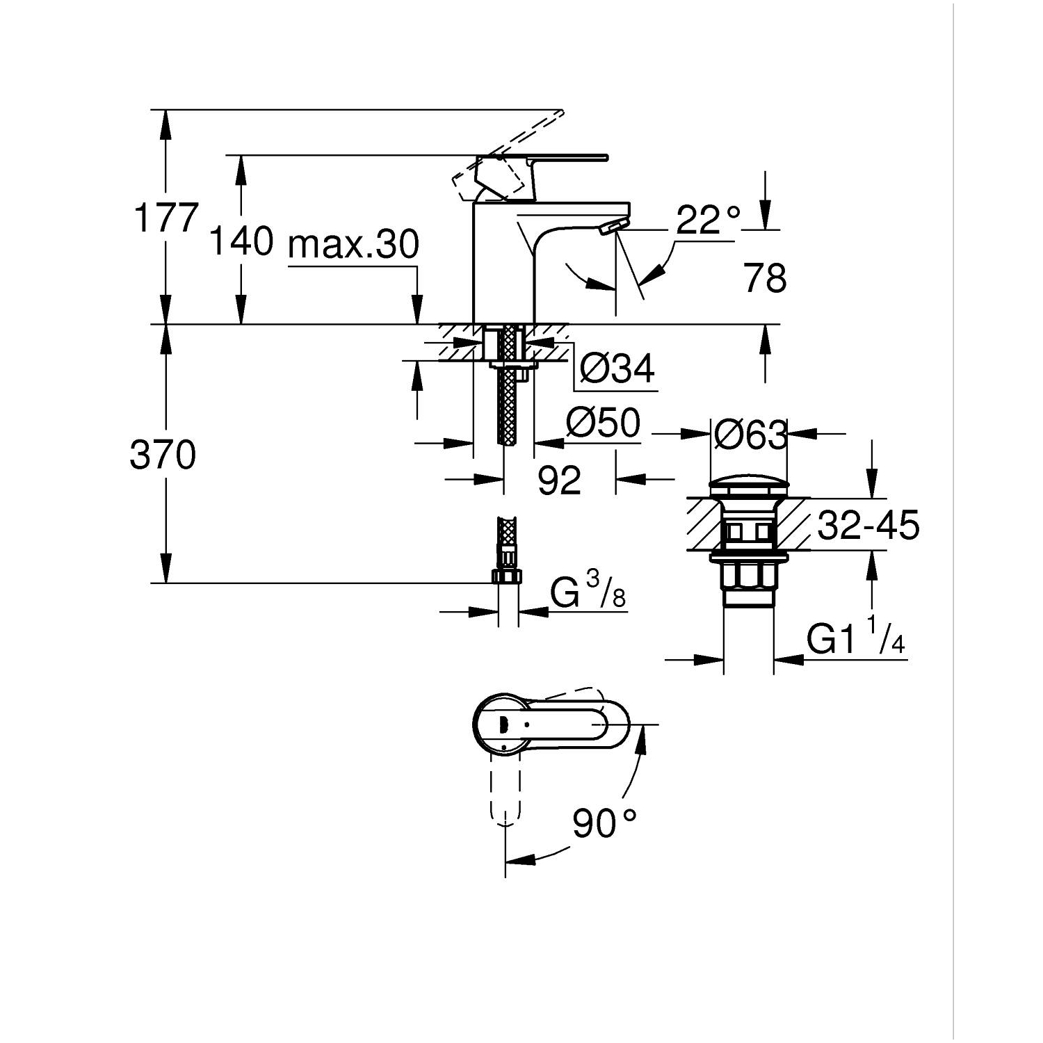 Get - Robinet de lavabo taille S avec bonde de vidage clic-clac - Économie d'énergie - Chromé 3