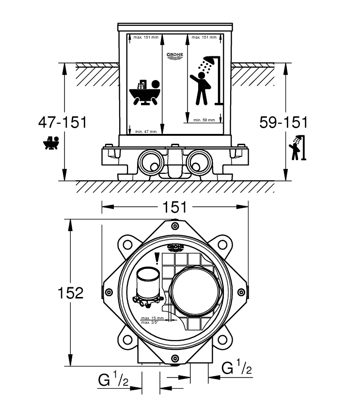 Concealed body Multi-hole Vestavbová souprava DN 15 ölçü ve teknik çizim