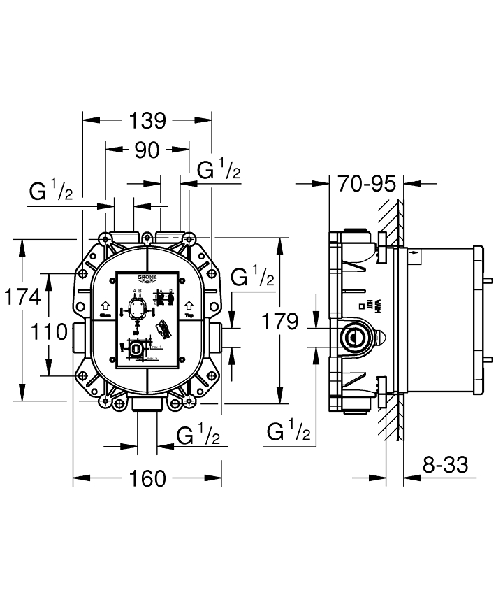 GROHE Rapido T Ankastre iç gövde ölçü ve teknik çizim