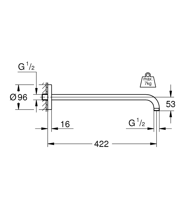 Rainshower Duş kolu 422 mm ölçü ve teknik çizim
