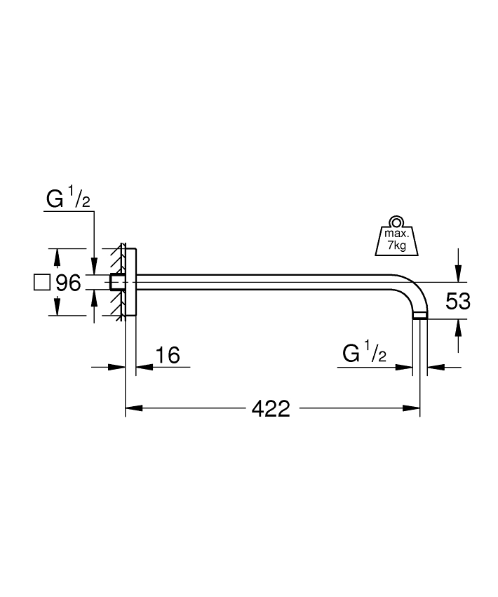 Rainshower Duş kolu 422 mm ölçü ve teknik çizim