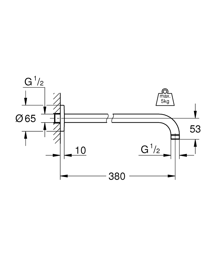 Rainshower Duş başlığı kolu 380 mm ölçü ve teknik çizim
