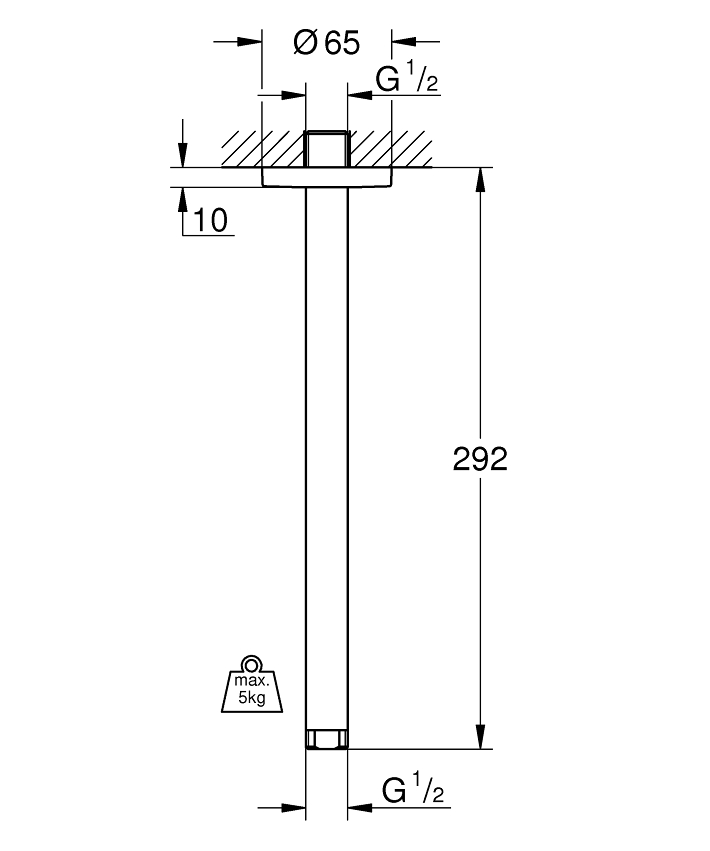 Rainshower Duş başlığı dirseği 292 mm ölçü ve teknik çizim