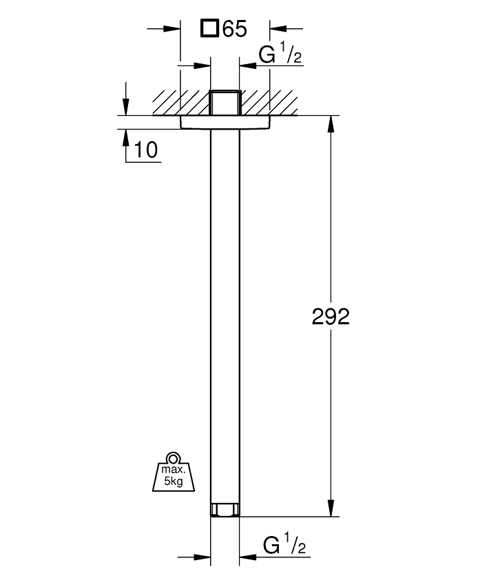 Rainshower Duş başlığı dirseği 292 mm ölçü ve teknik çizim