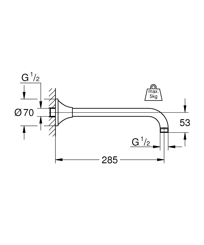 Rainshower Grandera Duş başlığı dirseği 285 mm ölçü ve teknik çizim