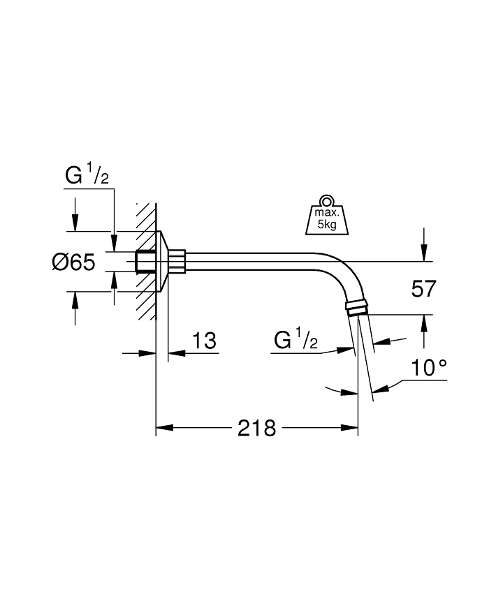 Relexa Duş başlığı dirseği 218 mm ölçü ve teknik çizim
