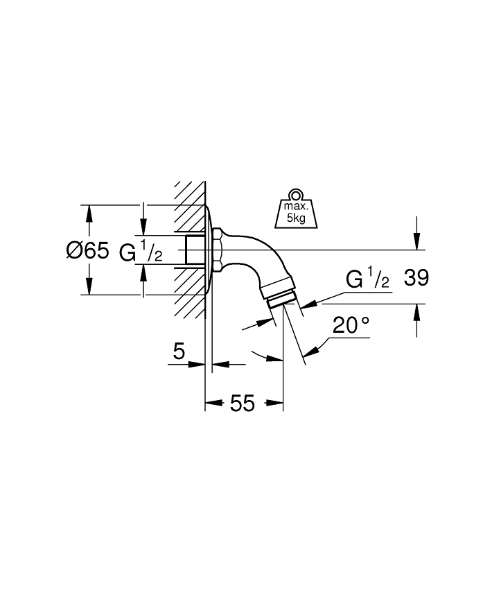 Relexa Shower arm 55 mm ölçü ve teknik çizim