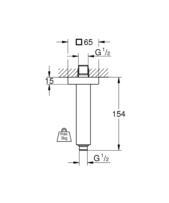 Rainshower Duş başlığı dirseği 154 mm ölçü ve teknik çizim