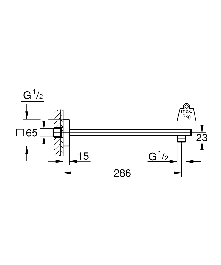 Rainshower Duş başlığı kolu 286 mm ölçü ve teknik çizim
