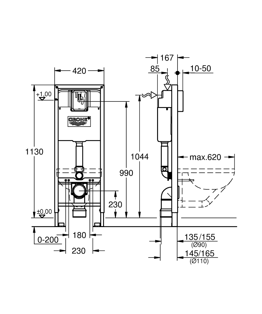 Grohe Rapid SLX 39596000 | Modulo Installazione Per WC Sospeso Con Cassetta GD2 | Altezza 1,13 M | Predisposizione Acqua Ed Elettrica Per Shower Toilet | Telaio Zincato