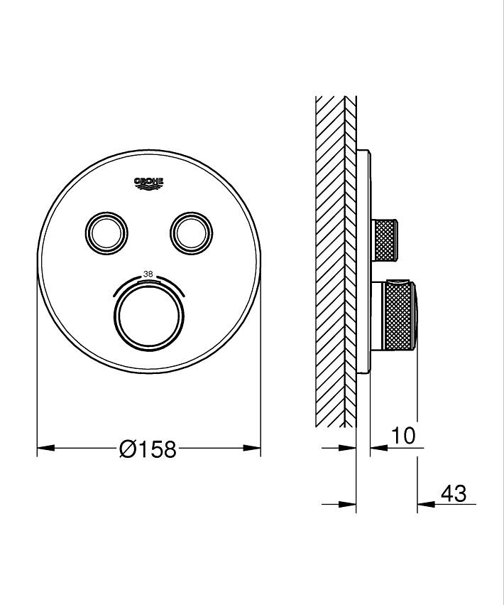 Grohtherm SmartControl Çift valfli akış kontrollü, ankastre termostatik duş bataryası ölçü ve teknik çizim