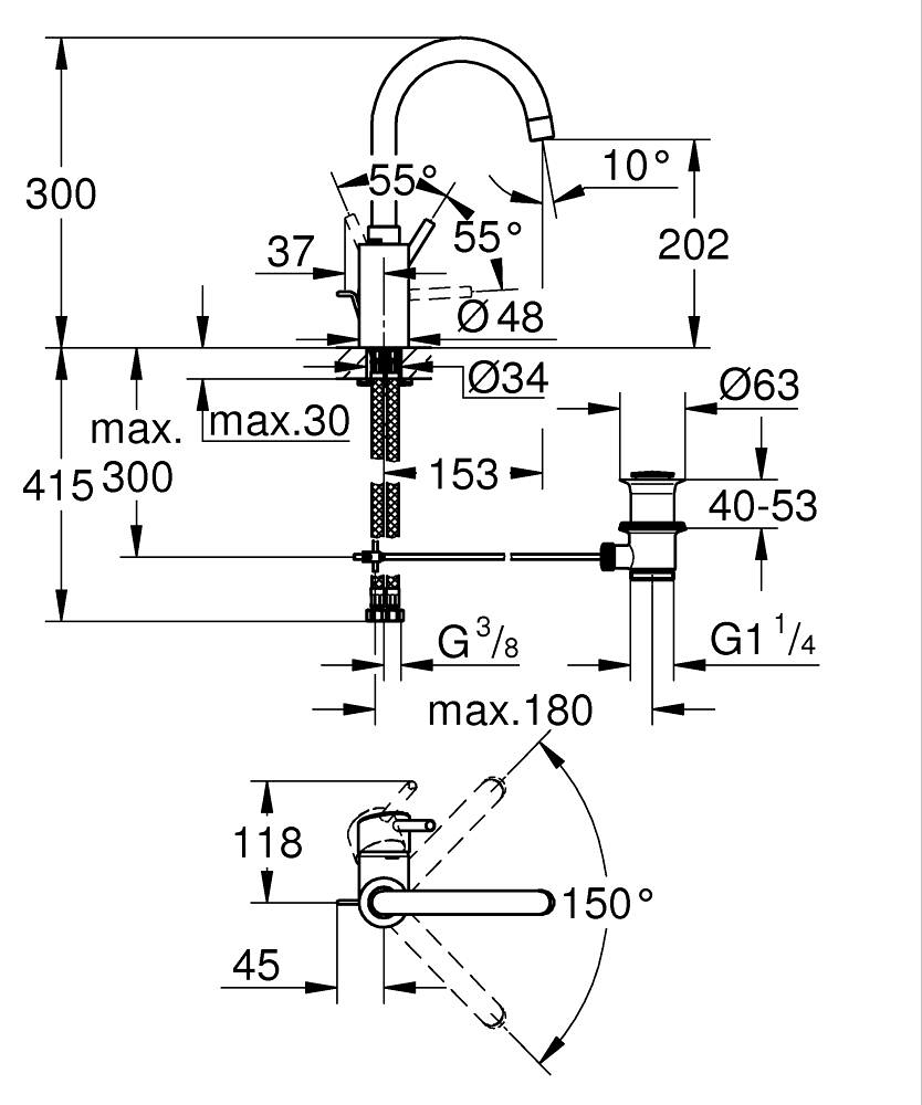 Concetto Tek kumandalı lavabo bataryası 1/2" L-Boyut ölçü çizimi