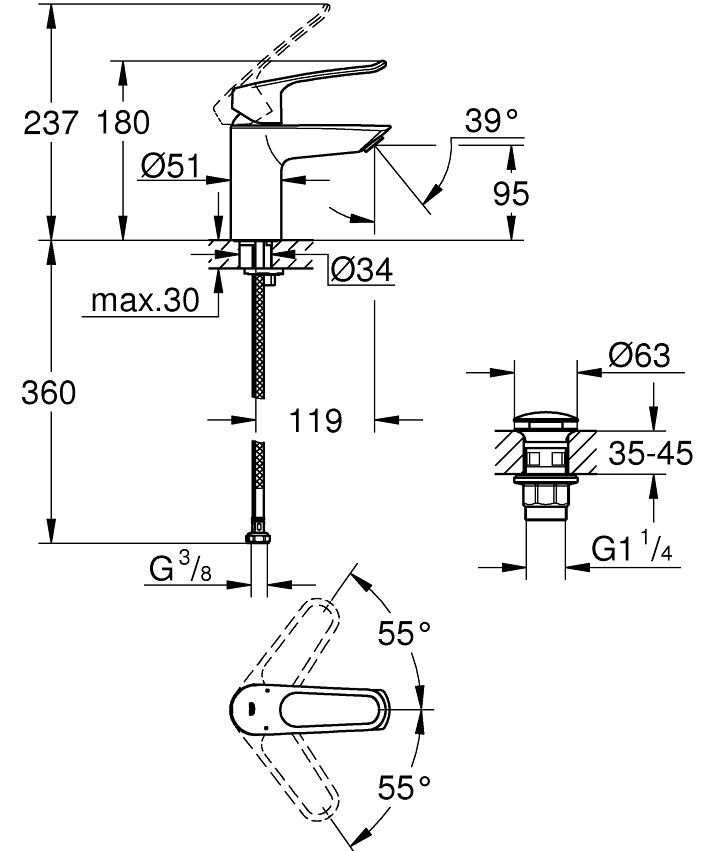 Eurosmart Tek kumandalı lavabo bataryası S-Boyut ölçü ve teknik çizim