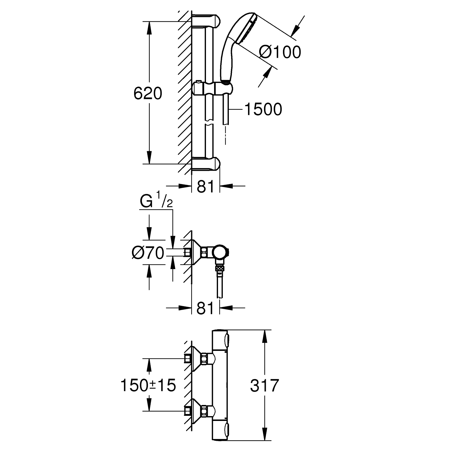 Precision Flow Thermostatic shower mixer 1/2" with shower set for low pressure 4