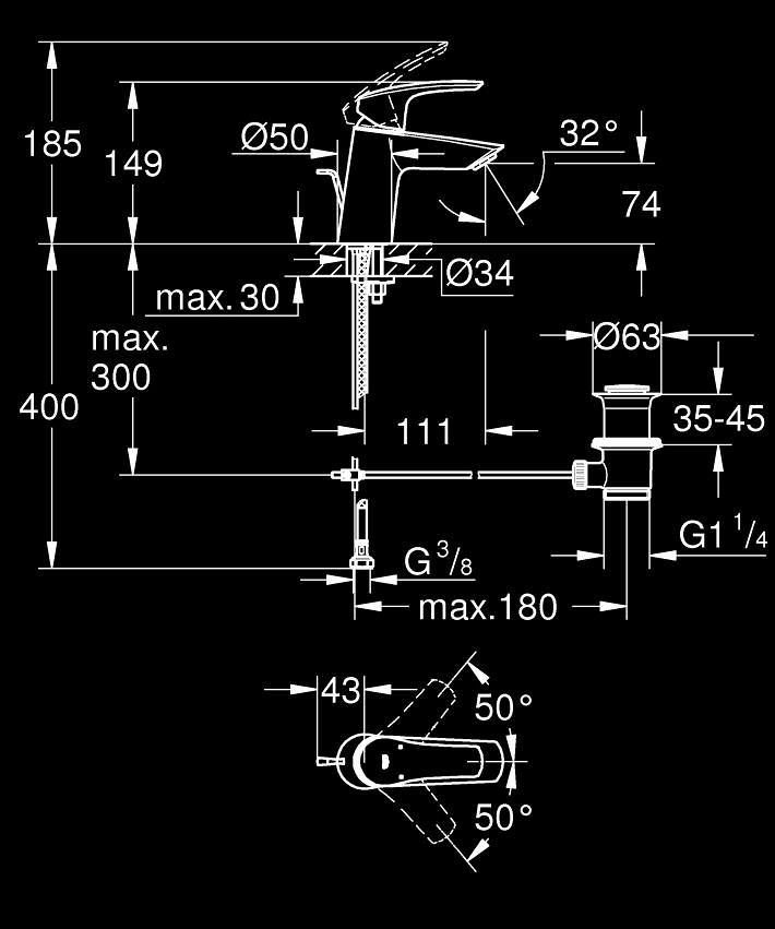 Eurosmart Tek kumandalı lavabo bataryası S-Boyut ölçü ve teknik çizim