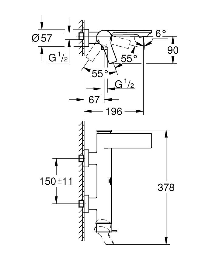 Einhand-Wannenbatterie ölçü ve teknik çizim