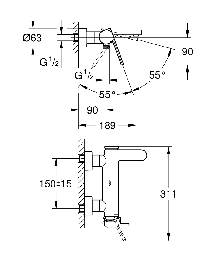 GROHE Plus Tek kumandalı banyo bataryası ölçü ve teknik çizim