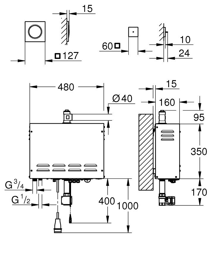F-digital Deluxe Steam generator 9.9 kW with steam outlet and temperature sensor ölçü ve teknik çizim
