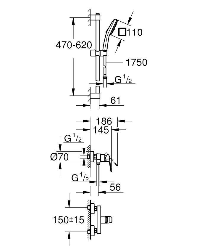 GROHE Cubeo Tek kumandalı duş bataryası ölçü ve teknik çizim