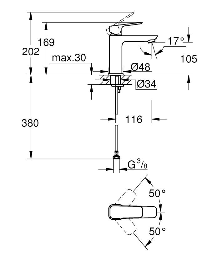 GROHE Cubeo Tek kumandalı lavabo bataryası M-Boyut ölçü ve teknik çizim
