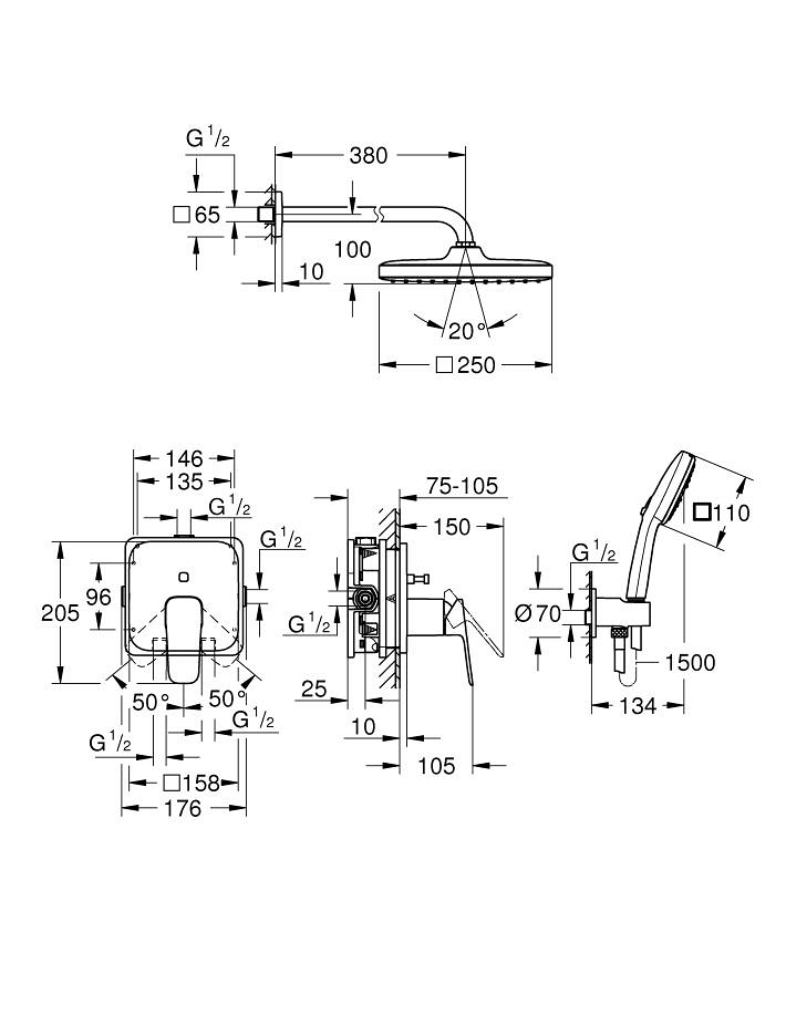 GROHE Cubeo Concealed shower system with Tempesta 250 ölçü ve teknik çizim