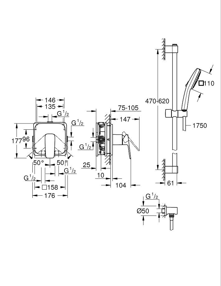 GROHE Cubeo Concealed shower system with Tempesta 110 ölçü ve teknik çizim