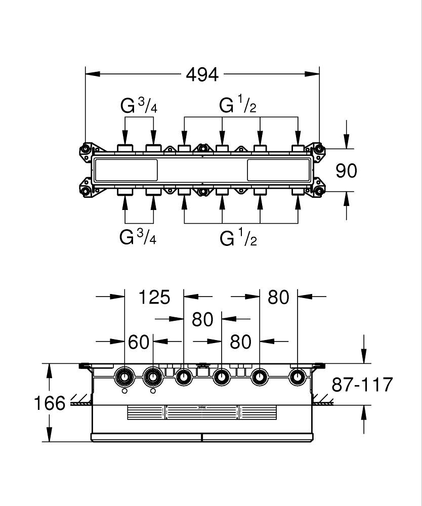Thermostatic concealed installation box with 4 valves ölçü çizimi
