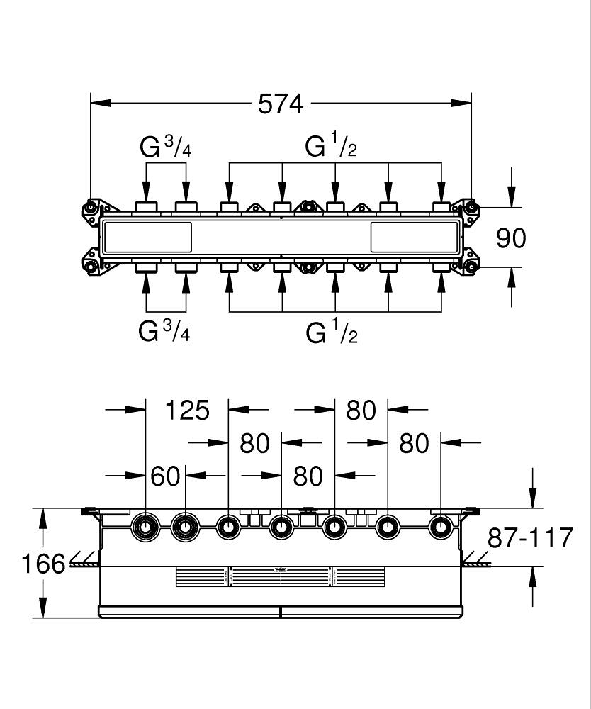 Thermostatic concealed installation box with 5 valves ölçü çizimi