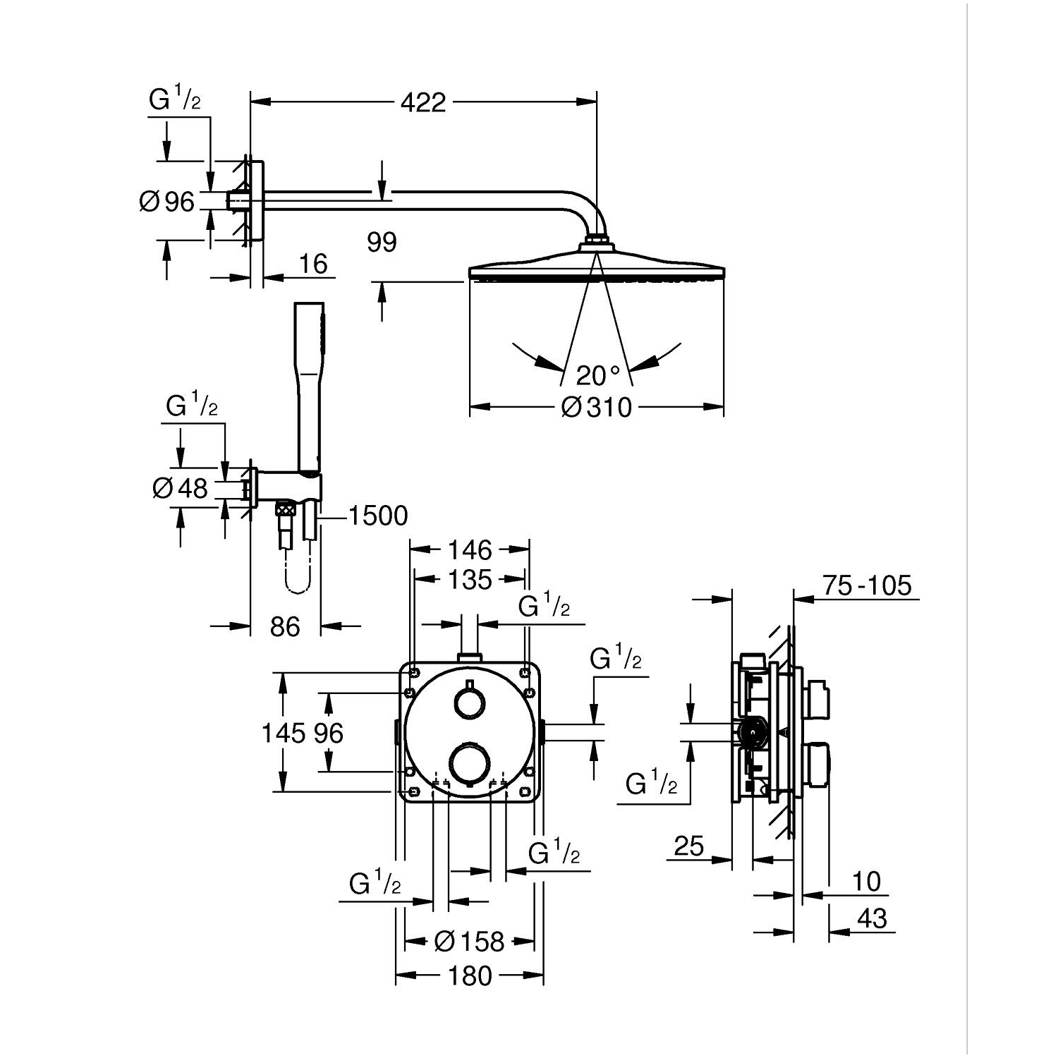 Precision Thermostat Unterputz Duschsystem mit Vitalio Rain Mono 310 4