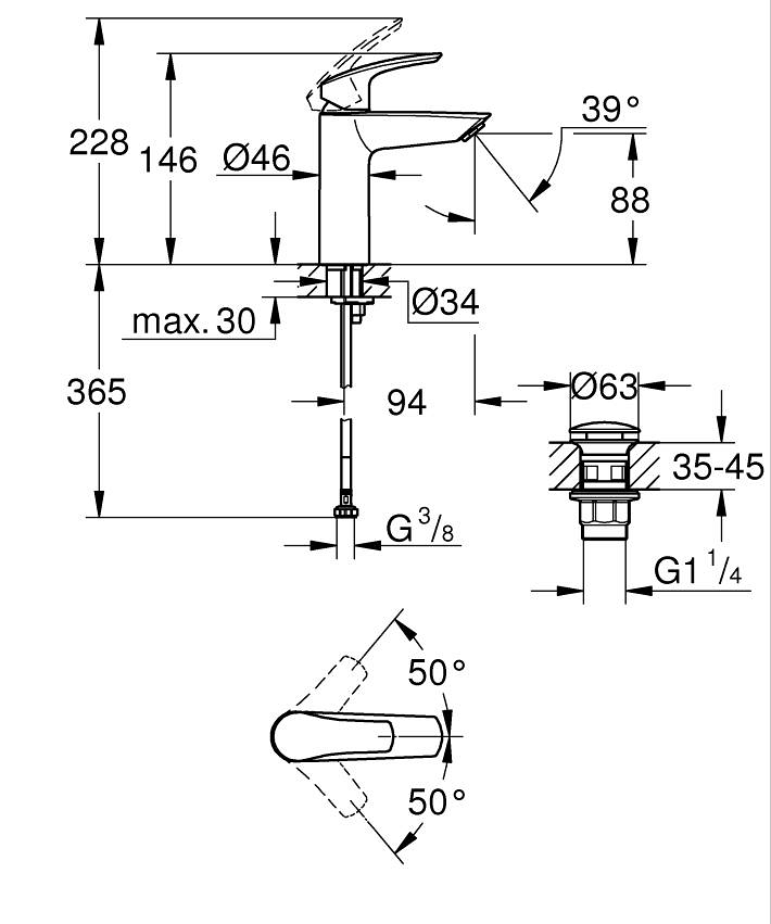 Eurosmart Tek kumandalı lavabo bataryası M-Boyut ölçü ve teknik çizim