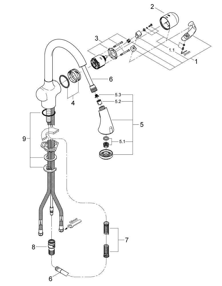 Запчасти для кухонных смесителей. Переходник-защелка Grohe 46315000. Смеситель Grohe Sentosa схема. Grohe 46312 лейка для кухонного смесителя. Grohe Zedra схема.