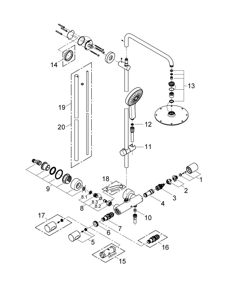 GROHE RAINSHOWER System210品番2705800Jの各部品 Shower system with thermostat for wall mounting