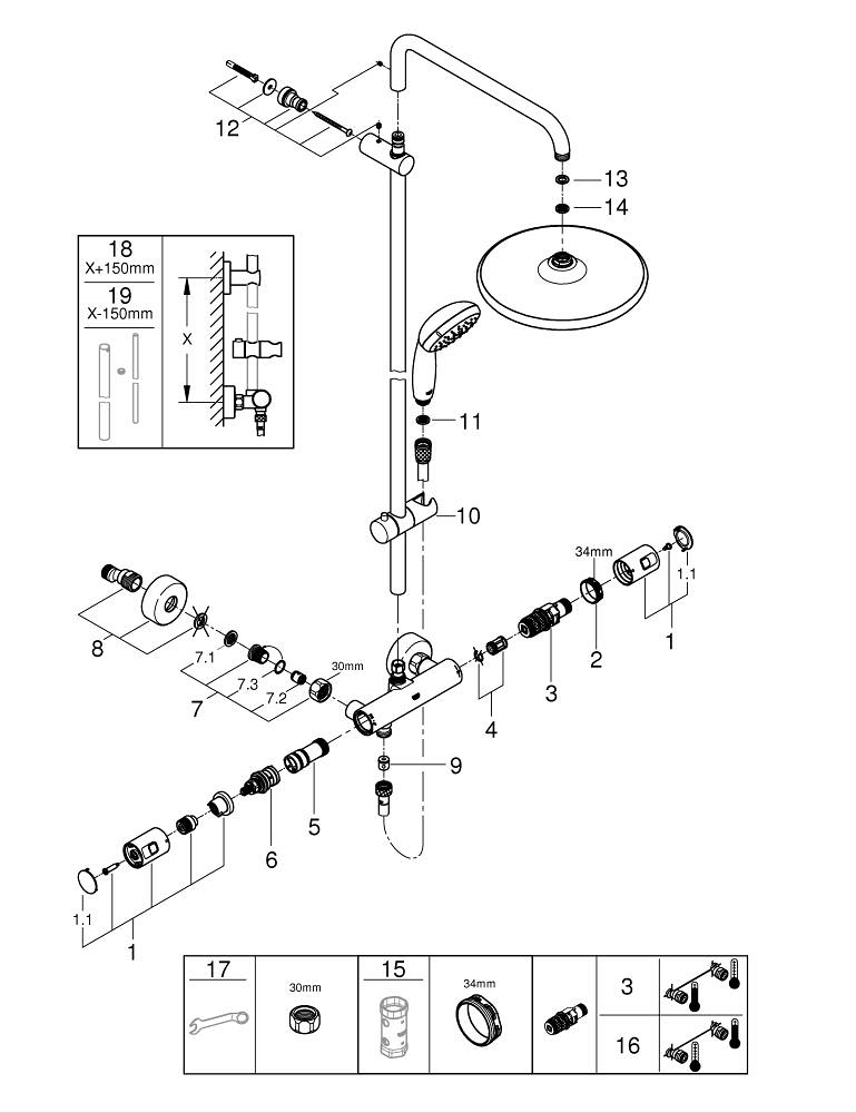 Colonne de douche Grohe Colonne de douche thermostatique Vitalio Start  System 250 Cube + Tablette d'angle GROHE Start Cube + Colle QuickGlue