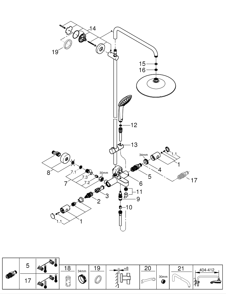 Euphoria System 260 Shower system with bath thermostat for wall