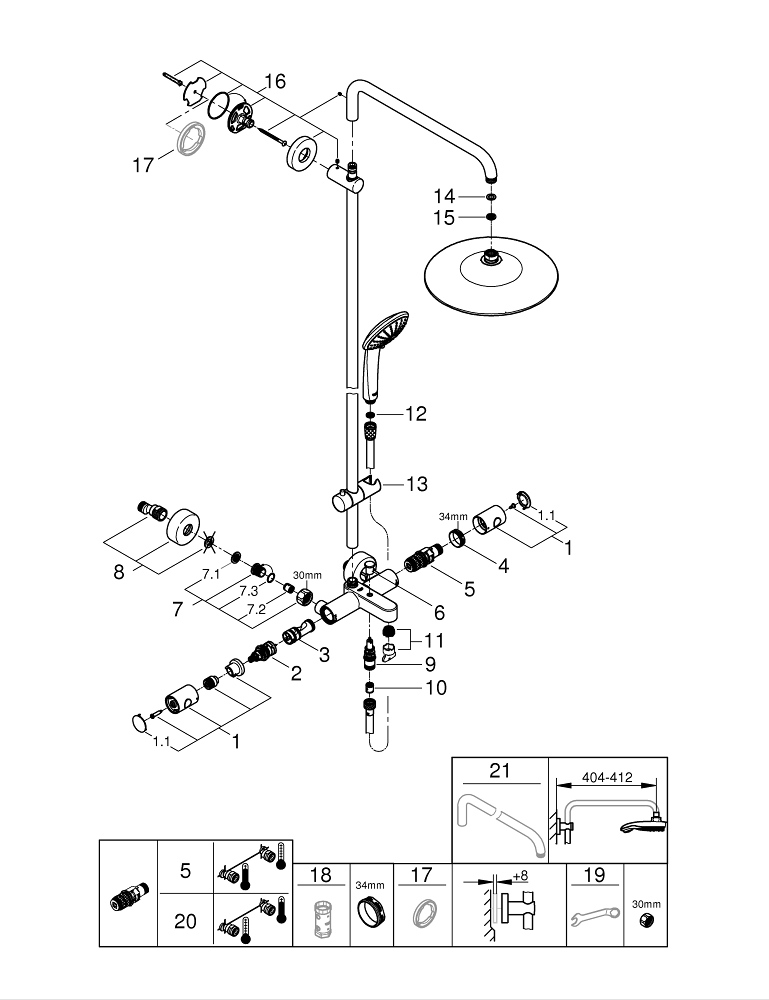 Euphoria System 260 Shower system with bath thermostat for wall