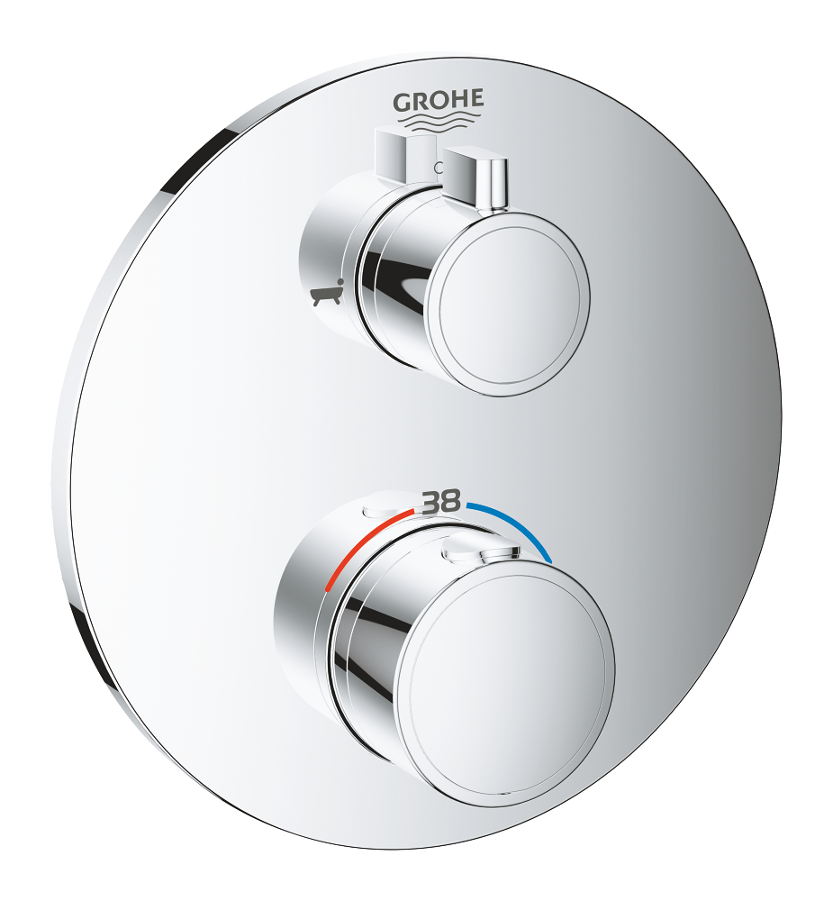 Thermostatic bath tub mixer for 2 outlets with integrated shut off/diverter valve