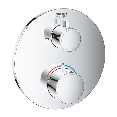 Badekarbatteri m/ termostat for 2 uttak med integrert avstegning/avledningsventil