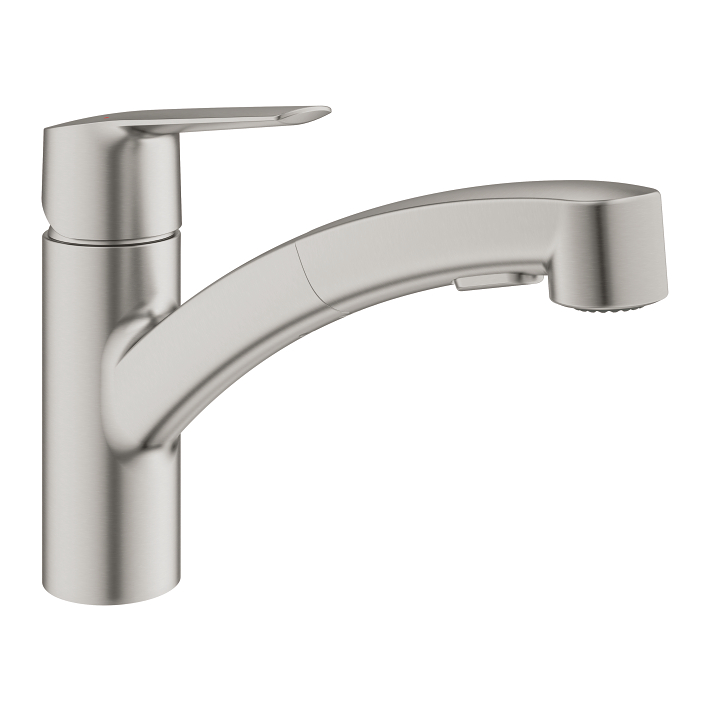 GROHE Robinet mitigeur de cuisine évier Feel, douchette extractible,  rotation 360°, bec en U, inverseur 2 jets, installation et nettoyage  facile