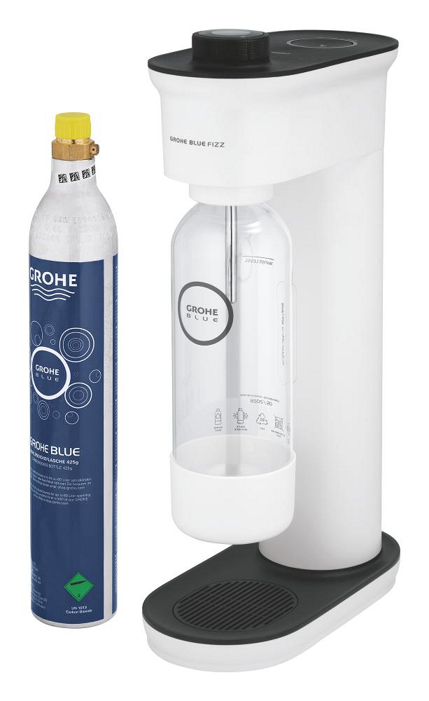 GROHE Blue Fizz 'Advanced' Wassersprudler mit CO₂ Anzeige, Starter Set (1 x  Trinkflasche, 1 x CO₂ Flasche) alpinweiß/schwarz