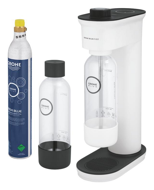 GROHE Blue Fizz 'Advanced' Wassersprudler mit CO₂ Anzeige, Couple Set (2 x  Trinkflasche, 1 x CO₂ Flasche) alpinweiß/schwarz