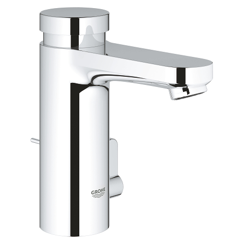 Self-closing basin mixer with mixing device and adjustable temperature limiter