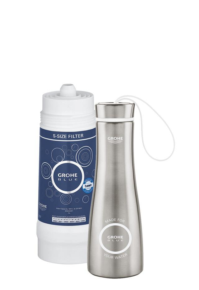 GROHE Blue S-size filter + Thermo-Trinkflasche in Silber