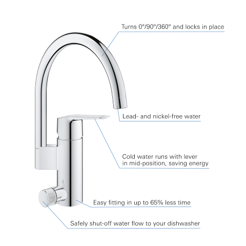 Start - Kitchen Tap C-Spout with Shut-off Valve  - Chrome 5