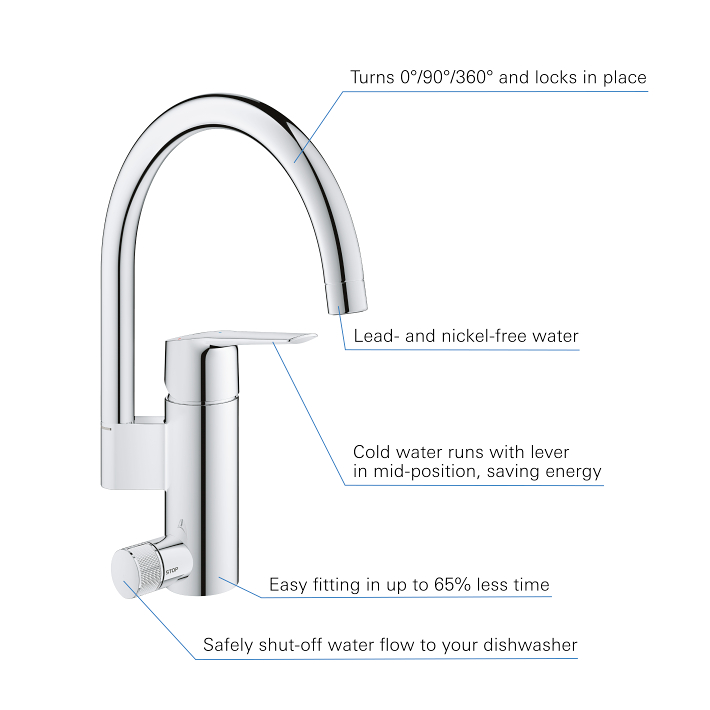 Start - Kitchen Tap C-Spout with Shut-off Valve  - Chrome 5