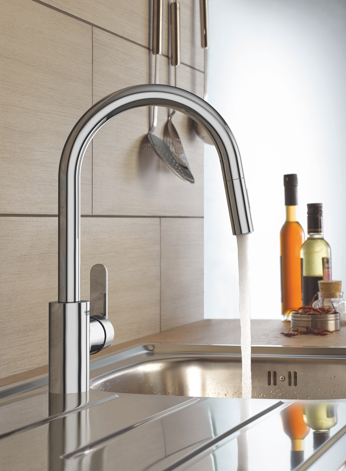 GROHE Robinet de cuisine évier Feel, douchette extractible, rotation 360°,  bec en U, inverseur 2 jets, mitigeur cuisine 31486001