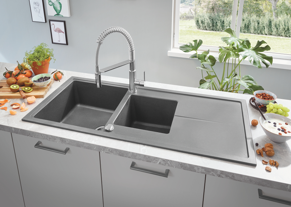 GROHE K400 évier en composite avec égouttoir en gris granite avec GROHE K7 robinet de cuisine